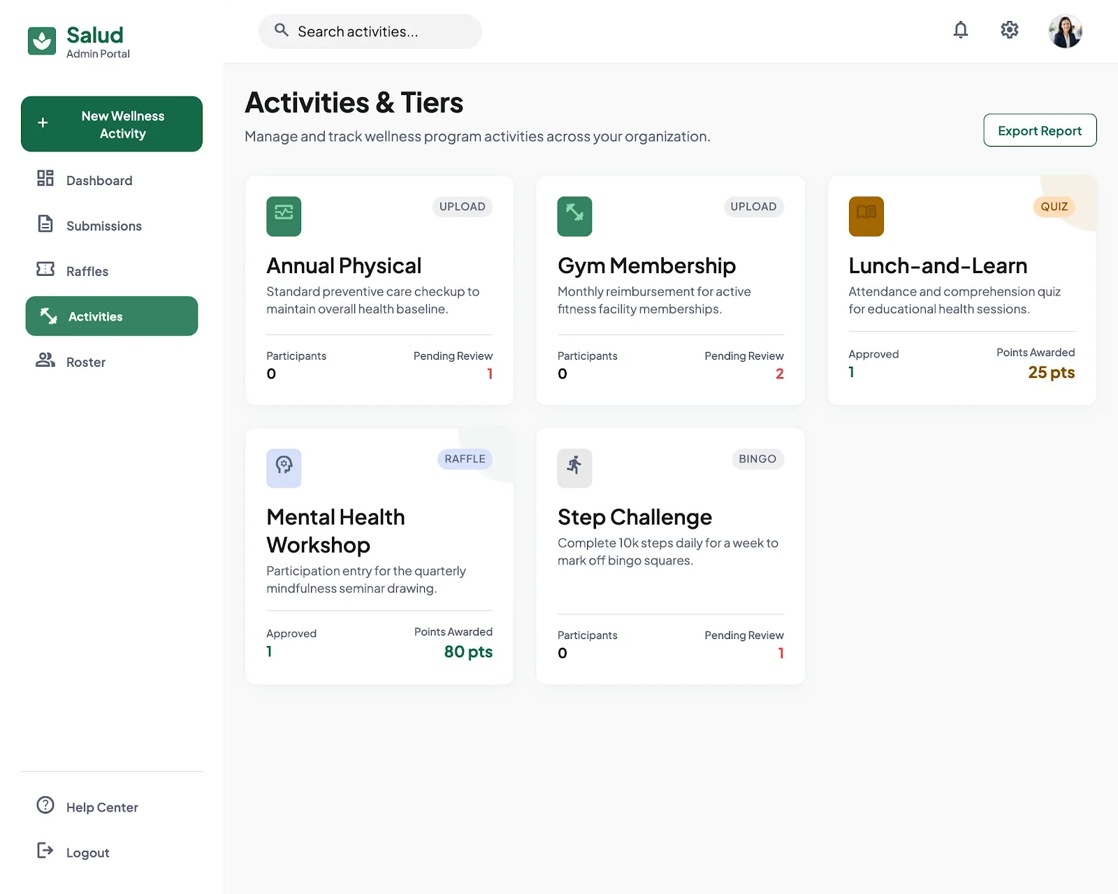 Activities and tiers screen showing wellness activities with participant counts and pending review counts.