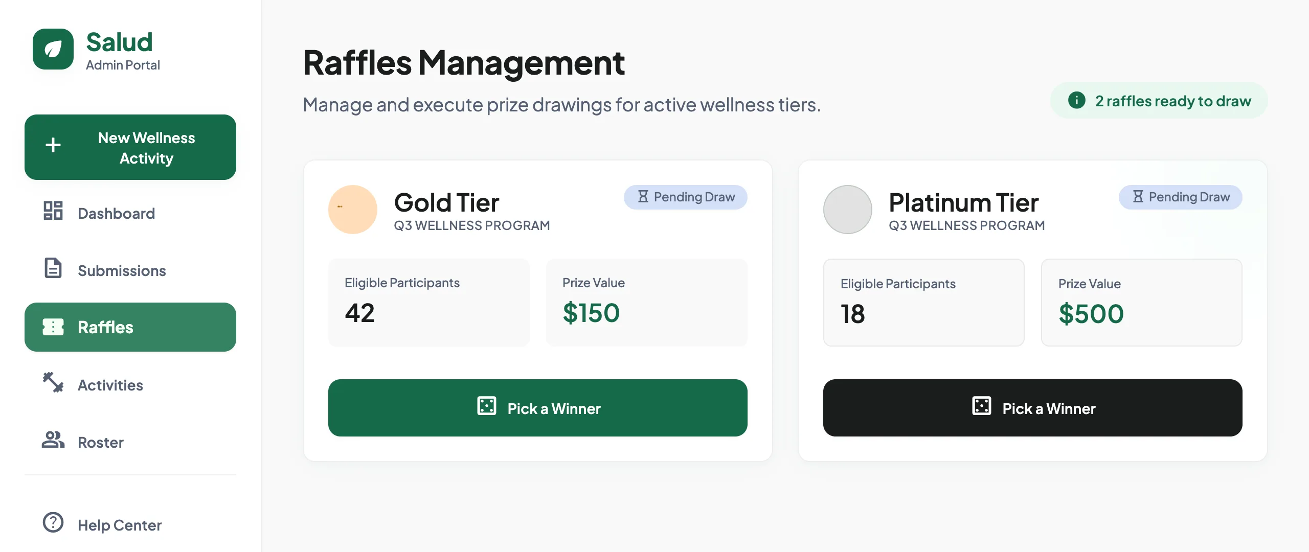 Raffles management screen showing Gold and Platinum tiers with eligible participant counts and prize values.